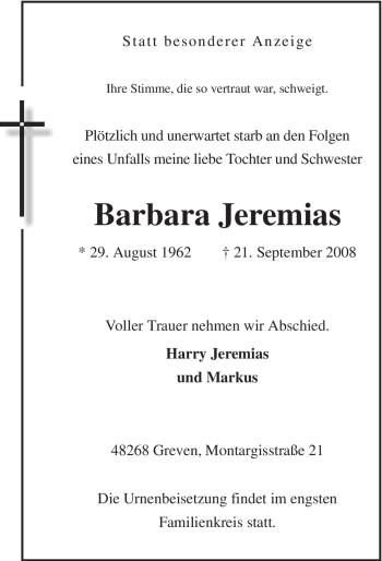 Todesanzeige von Barbara Jeremias von WESTFÄLISCHER ANZEIGER
