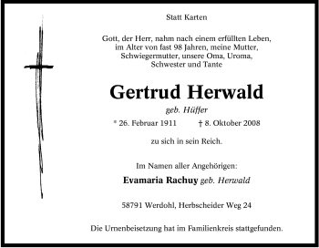 Todesanzeige von Hildegard Lenzewski von WESTFÄLISCHER ANZEIGER