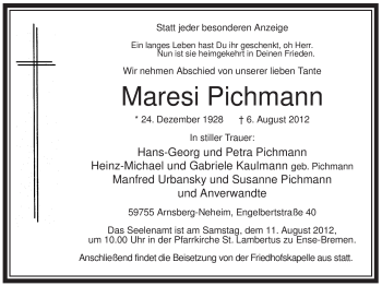Todesanzeige von Maresi Pichmann von WESTFÄLISCHER ANZEIGER