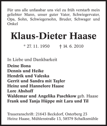 Todesanzeige von Klaus-Dieter Haase von WESTFÄLISCHER ANZEIGER