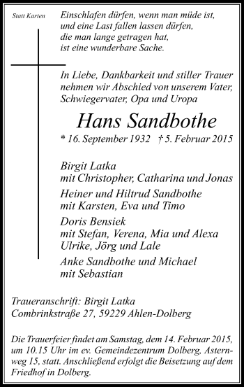 Todesanzeige von Hans Sandbothe von MZV