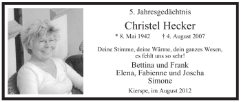 Todesanzeige von Christel Hecker von WESTFÄLISCHER ANZEIGER