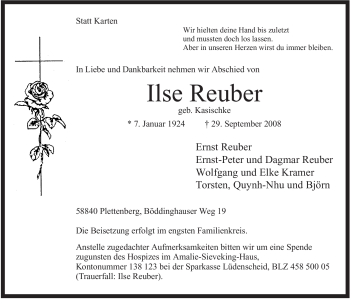 Todesanzeige von Ilse Reuber von WESTFÄLISCHER ANZEIGER