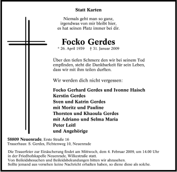 Todesanzeige von Focko Gerdes von WESTFÄLISCHER ANZEIGER