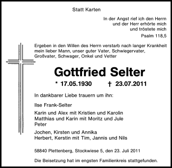 Todesanzeige von Gottfried Selter von WESTFÄLISCHER ANZEIGER