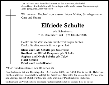 Todesanzeige von Elfriede Schulte von WESTFÄLISCHER ANZEIGER