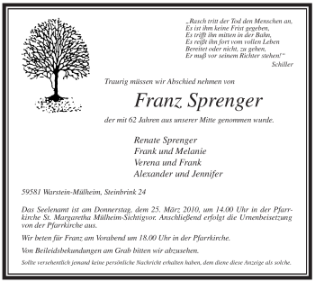 Todesanzeige von Franz Sprenger von WESTFÄLISCHER ANZEIGER