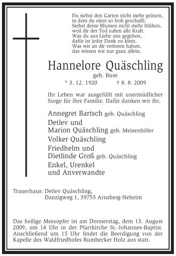 Todesanzeige von Hannelore Quäschling von WESTFÄLISCHER ANZEIGER