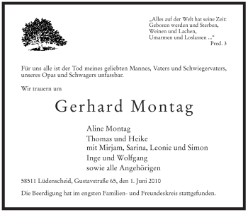 Todesanzeige von Gerhard Montag von WESTFÄLISCHER ANZEIGER