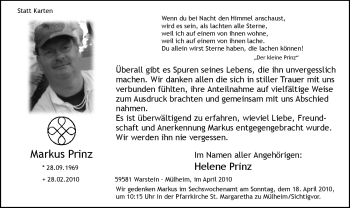 Todesanzeige von Markus Prinz von WESTFÄLISCHER ANZEIGER