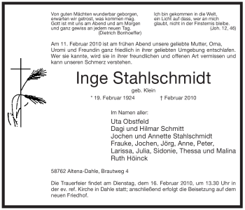 Todesanzeige von Inge Stahlschmidt von WESTFÄLISCHER ANZEIGER