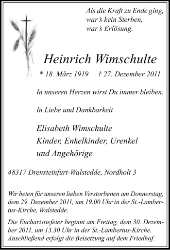 Todesanzeige von Heinrich Wimschulte von WESTFÄLISCHER ANZEIGER