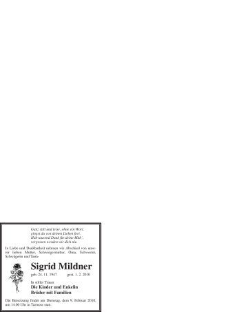 Todesanzeige von Sigrid Mildner von WESTFÄLISCHER ANZEIGER