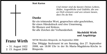 Todesanzeige von Franz Wirth von WESTFÄLISCHER ANZEIGER