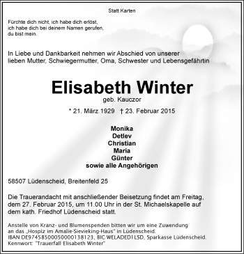 Todesanzeige von Elisabeth Winter von MZV