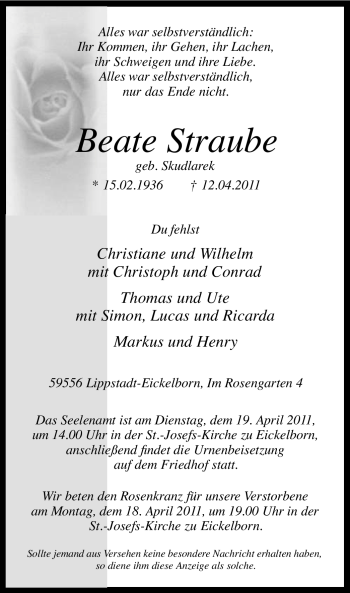 Todesanzeige von Beate Straube von WESTFÄLISCHER ANZEIGER