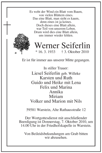 Todesanzeige von Werner Seiferlin von WESTFÄLISCHER ANZEIGER
