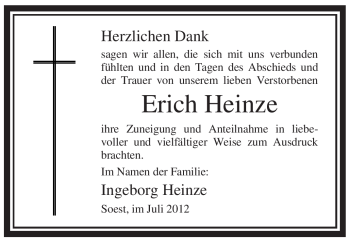 Todesanzeige von Erich Heinze von WESTFÄLISCHER ANZEIGER