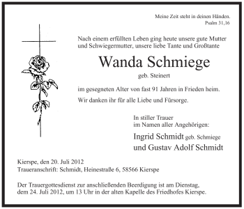 Todesanzeige von Wanda Schmiege von WESTFÄLISCHER ANZEIGER