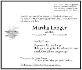 Todesanzeige von Martha Langer von WESTFÄLISCHER ANZEIGER