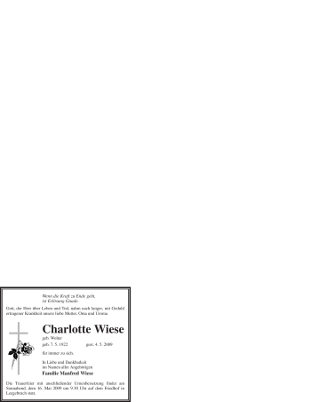 Todesanzeige von Charlotte Wiese von WESTFÄLISCHER ANZEIGER