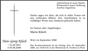 Todesanzeige von Hans Georg Kilsch von WESTFÄLISCHER ANZEIGER
