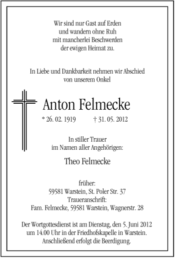 Todesanzeige von Anton Felmecke von WESTFÄLISCHER ANZEIGER