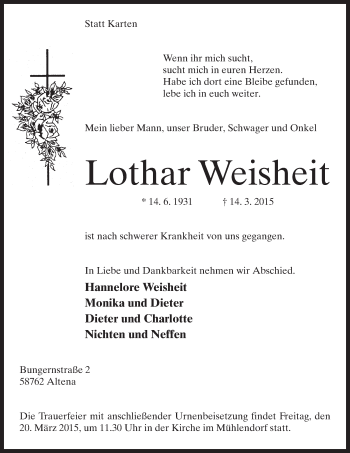 Todesanzeige von Lothar Weisheit von MZV