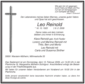 Todesanzeige von Leo Reinold von WESTFÄLISCHER ANZEIGER