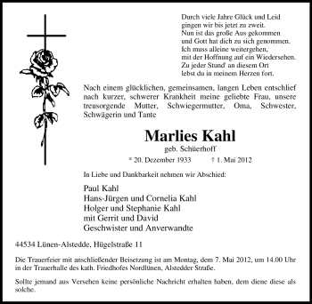 Todesanzeige von Marlies Kahl von WESTFÄLISCHER ANZEIGER