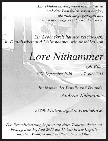 Todesanzeige von Lore Nithammer von MZV