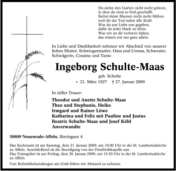 Todesanzeige von Ingeborg Schulte-Maas von WESTFÄLISCHER ANZEIGER