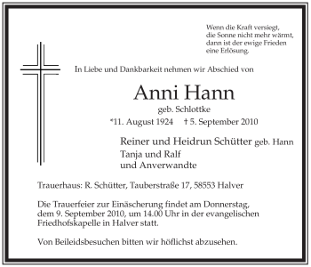 Todesanzeige von Anni Hann von WESTFÄLISCHER ANZEIGER