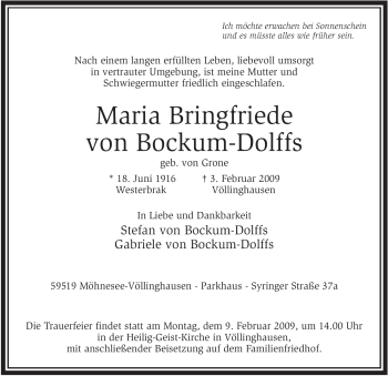 Todesanzeige von Maria Bringfriede Bockum-Dolffs von WESTFÄLISCHER ANZEIGER