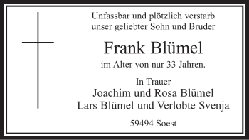 Todesanzeige von Frank Blümel von WESTFÄLISCHER ANZEIGER