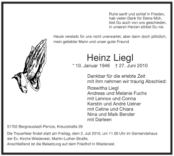 Todesanzeige von Heinz Liegl von WESTFÄLISCHER ANZEIGER