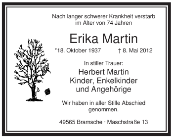 Todesanzeige von Erika Martin von WESTFÄLISCHER ANZEIGER