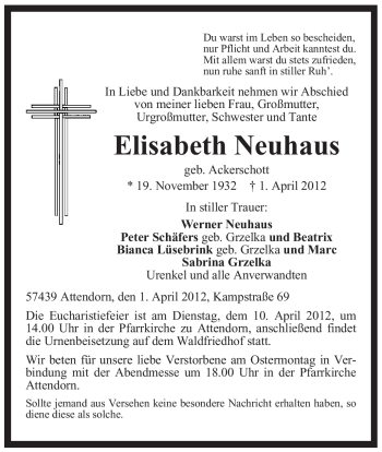 Todesanzeige von Elisabeth Neuhaus von WESTFÄLISCHER ANZEIGER