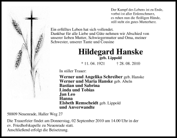 Todesanzeige von Hildegard Hanske von WESTFÄLISCHER ANZEIGER