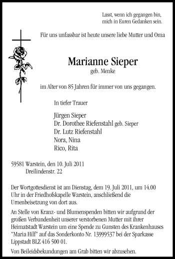 Todesanzeige von Marianne Sieper von WESTFÄLISCHER ANZEIGER