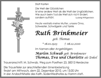 Todesanzeige von Ruth Brinkmeier von WESTFÄLISCHER ANZEIGER