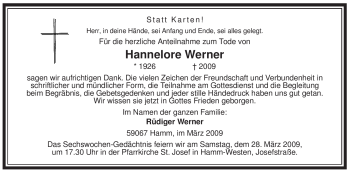 Todesanzeige von Hannelore Werner von WESTFÄLISCHER ANZEIGER