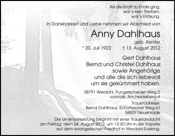 Todesanzeige von Anny Dahlhaus von WESTFÄLISCHER ANZEIGER