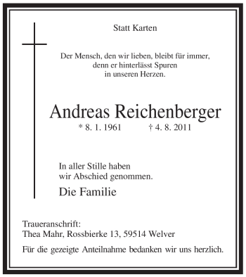 Todesanzeige von Andreas Reichenberger von WESTFÄLISCHER ANZEIGER