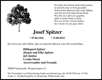 Todesanzeige von Josef Spitzer von WESTFÄLISCHER ANZEIGER