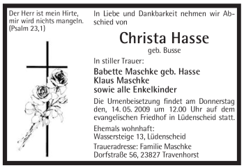 Todesanzeige von Christa Hasse von WESTFÄLISCHER ANZEIGER