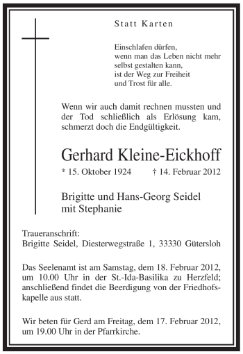 Todesanzeige von Gerhard Kleine-Eickhoff von WESTFÄLISCHER ANZEIGER