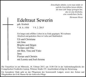Todesanzeige von Edeltraut Sewerin von MZV