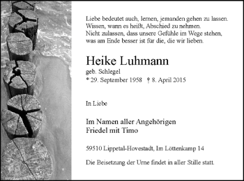 Todesanzeige von Heike Lamann von MZV