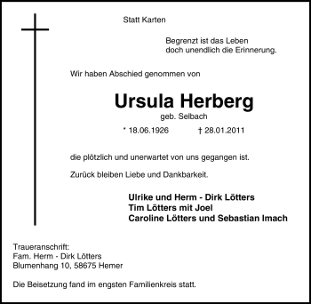 Todesanzeige von Ursula Herberg von WESTFÄLISCHER ANZEIGER